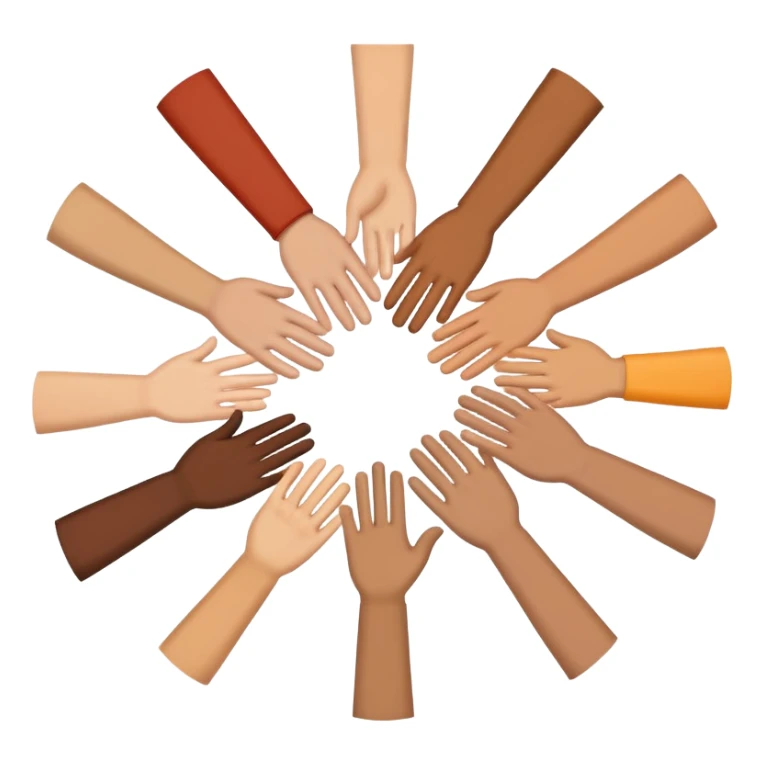 Emoji-style icon showing several diverse hands forming a circle or high-five together, symbolizing unity and team spirit. Flat minimal Apple-style emoji, bright colors, white background, soft shadows. sticker