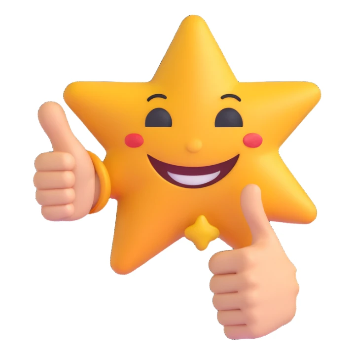 star shape with a smiling face, winking eyes, right hand making a welcoming gesture, left hand giving a thumbs up sticker
