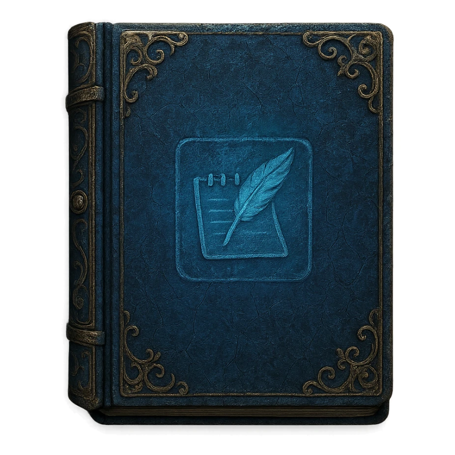 Windows 11 Notepad icon in the style of an old blue leather-bound notebook, Elden Ring note style, ornate corners, mystical blue, aged texture, no text, just the notepad look, option 4 sticker