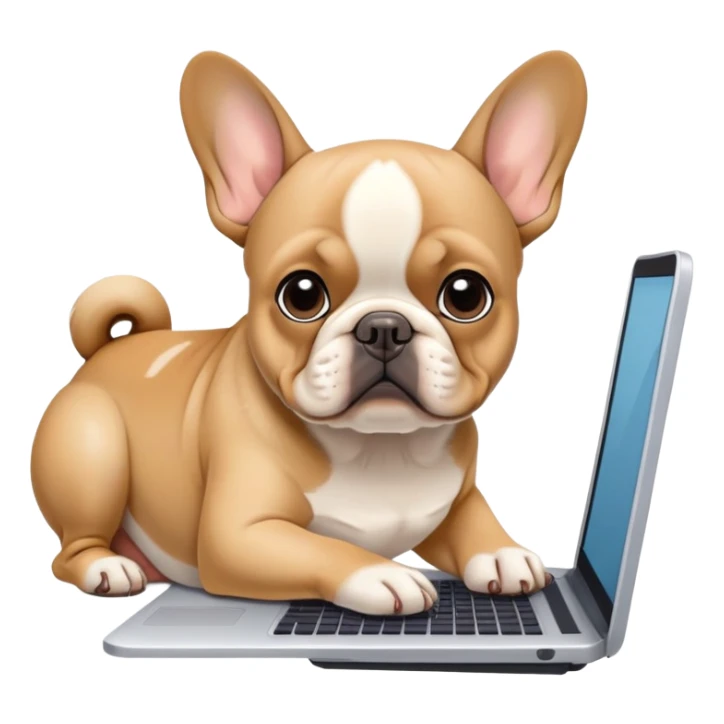 Fawn french bulldog working behind computer sticker