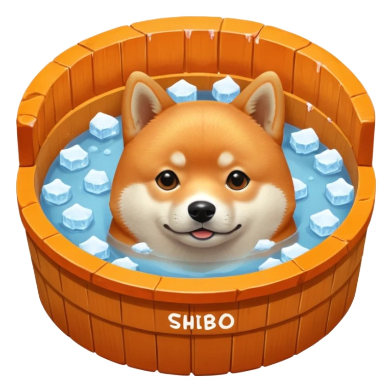 ice bath with a dog in id from wood round. write ice bath  on the ice bath and make it high quality. the dog is a shiba inu. the ice bath has a lot of ice and on the floor sticker