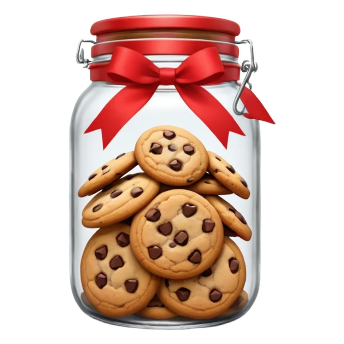 A chewy chocolate chip cozy cookie in an organized jar, saying "Cookie Jar" with some small illustrations on the jar to indicate there are cookies stored inside, a big red ribbon on the lid sticker