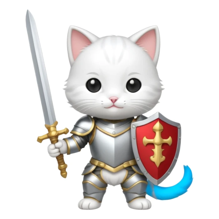 baby chibi white cat in silver armor, full body, smile, hold sword sticker