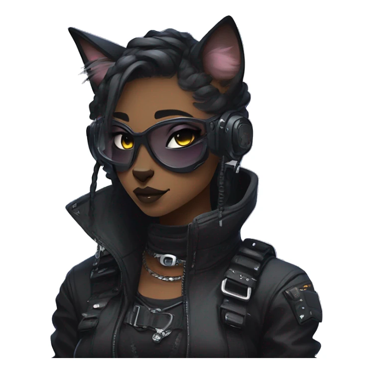 Gorgeous dark techwear cyberpunk style anthro cat sona, aesthetic, and pretty edgy black with collar and harness, trending style sticker