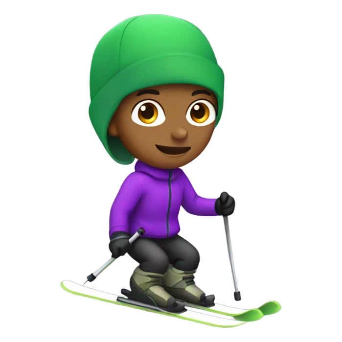 Boy skiing with green skis and a purple hat sticker