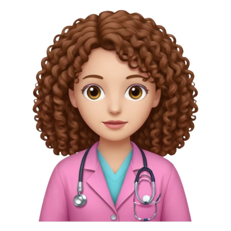 médica, cabelo castanho, pele branca, cabelo cacheado, cabelo comprido, roupa rosa sticker