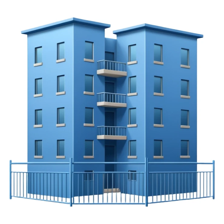 blue rectangular 9-story apartment building surrounded by fence, closed courtyard, minimal flat vector icon sticker
