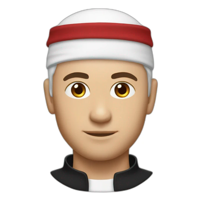 White man wearing black omani musar (head cover), with white top sticker