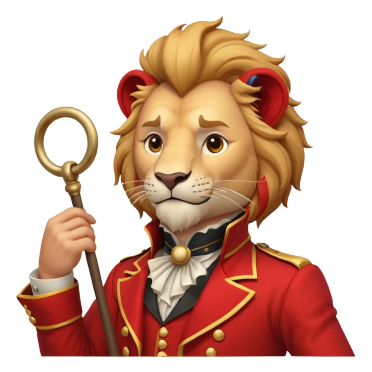 circus lion tamer portrait, head and shoulders only, red ringmaster jacket collar, confident strong look, whip handle visible, 3D cartoon, mobile game icon style, clean background, no text, no watermark
 sticker