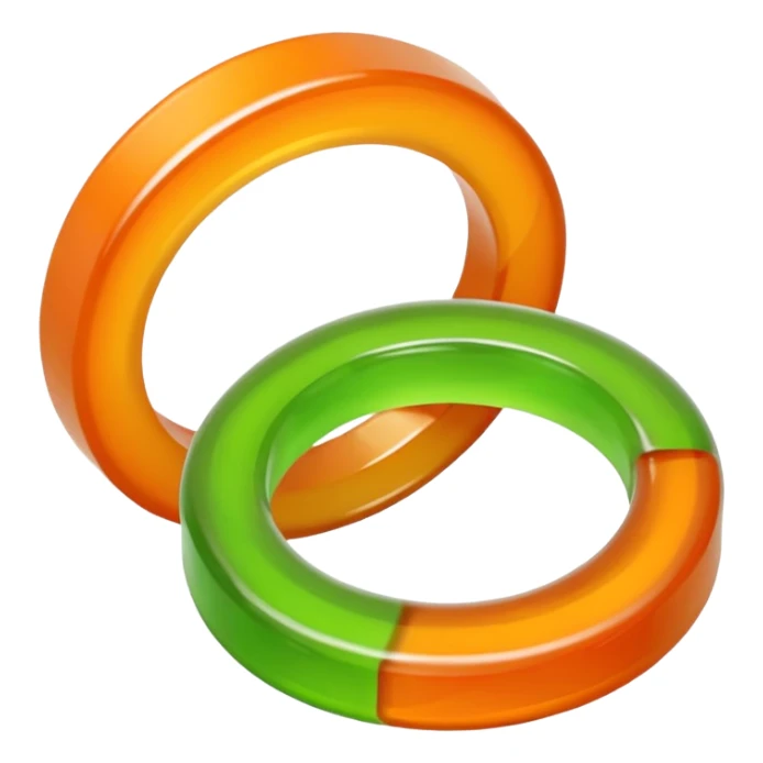 2 gummy rings, first one half orange half cream color, second one half green colored and other half cream colour, both sugarcoated sticker