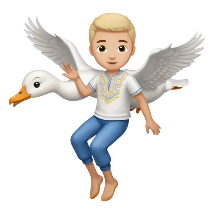 A boy in a Ukrainian white embroidered shirt flies on a white goose sticker