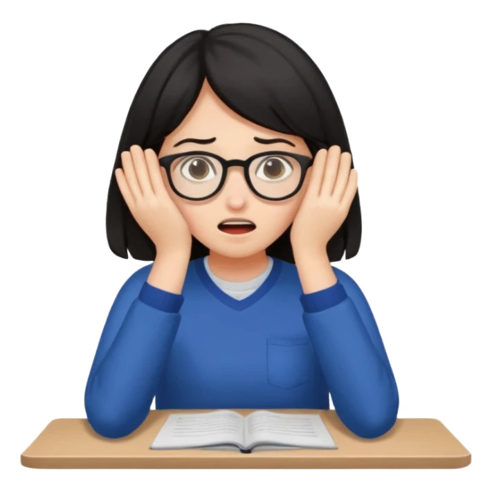 A dark-haired student panics during an exam, covering her face with her hands and not knowing what to do. sticker