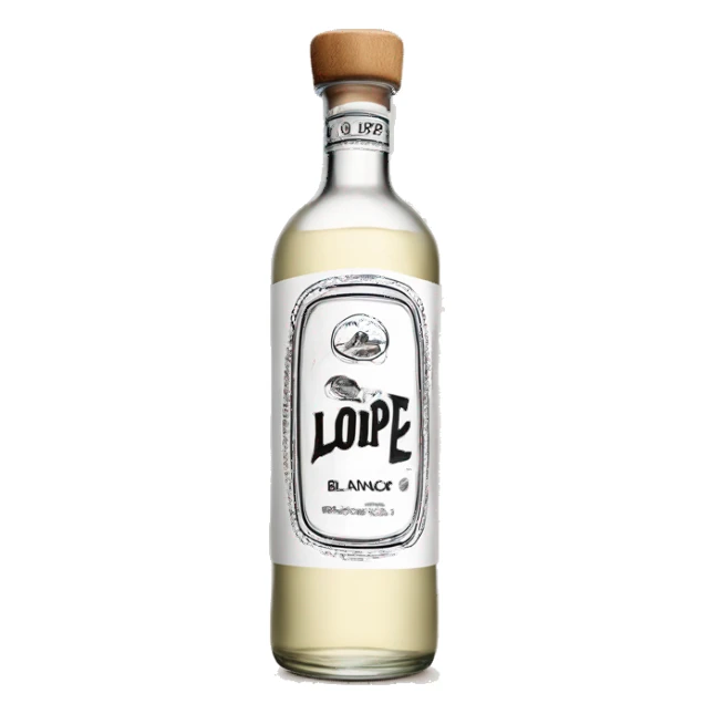 Long clasic cylindrical tequila blanco bottle with the text "lopez" written in the middle of the label and a light wood cap sticker