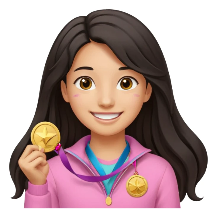 black haired girl wearing pastel pink with one medal, remove any hats, make her smile, make her hair longer, make her tan. no blue please and i said one medal only sticker