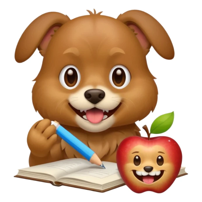 playful dog with homework half in its mouth, teeth visible tearing paper, apple style emoji sticker