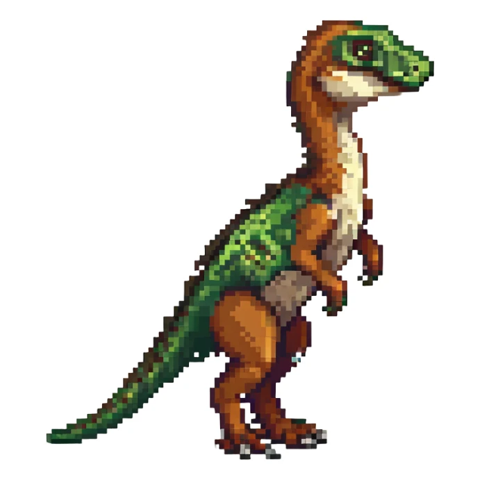 velociraptor, pixel art style, side view, green and brown colors sticker