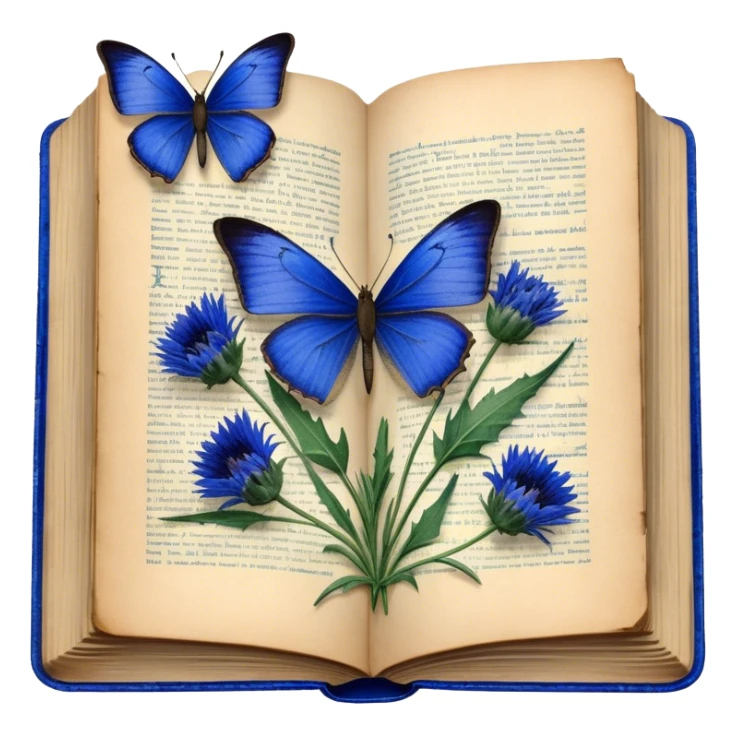 A vintage book with a worn blue cover, open to reveal pressed blue cornflowers and a resting green butterfly. sticker