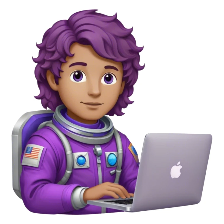dude astronaut with purple suit, blue eyes, brown wavy hair and one macbook sticker