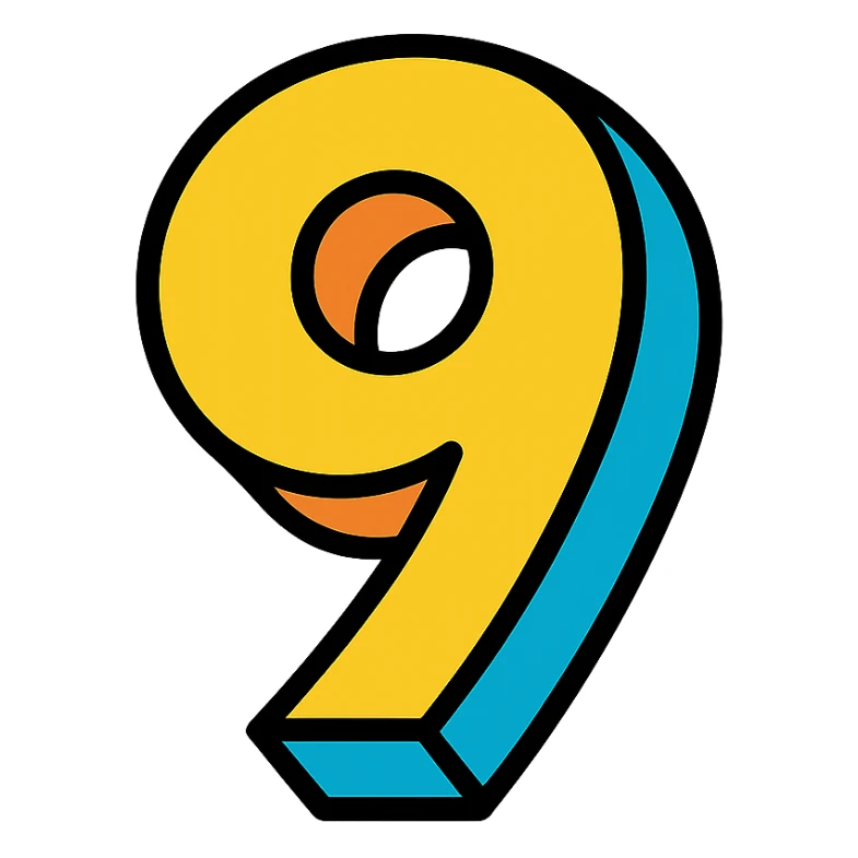 the number 9, 3D colorful outlined icon, playful and modern sticker