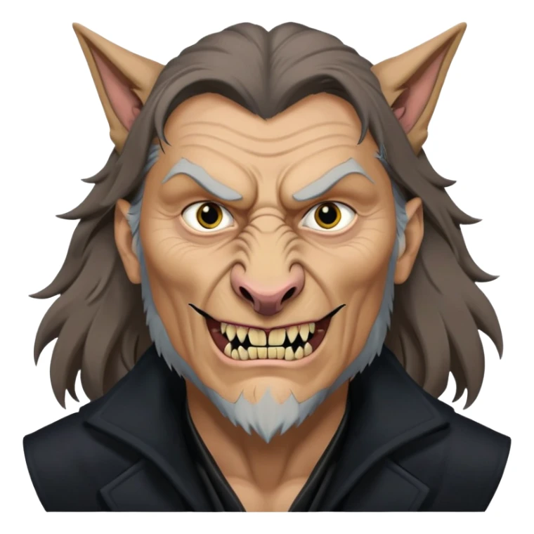 Fenrir Greyback in harry potter, black open chest coat, wolf face, pointed ear, bared teeth sticker