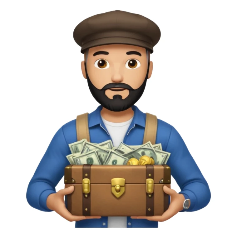 Strong bald man black beard snapback, holding treasure chest full of papers, Instagram logo glowing, dollar signs, minimalStrong bald man black beard snapback, holding treasure chest full of papers, Instagram logo glowing, dollar signs, minimal sticker
