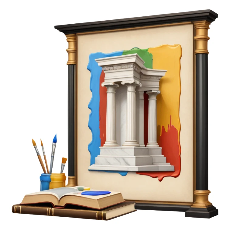 An icon featuring a paint palette, a sculpture, and a book, symbolizing the study of culture and art. The design includes a classical column and a canvas, representing art history and cultural exploration. Transparent background highlights the connection between creativity and history. sticker