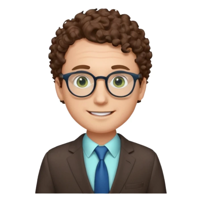 The face of a white man, with blue/green eyes, a large forehead, small and thin round glasses, curly brown hair, wearing a suit, and smiling sticker