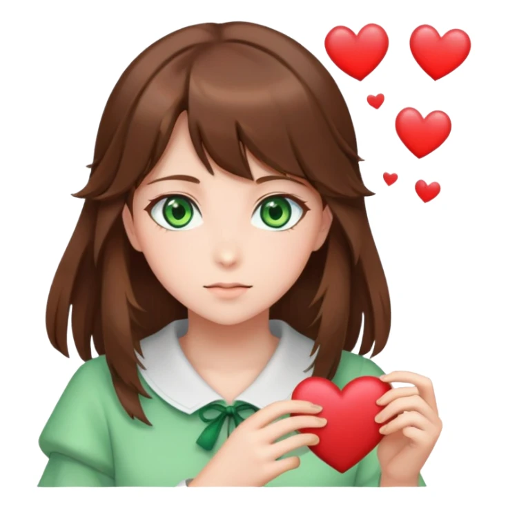 brown hair, green eyes, anime girl with hearts sticker