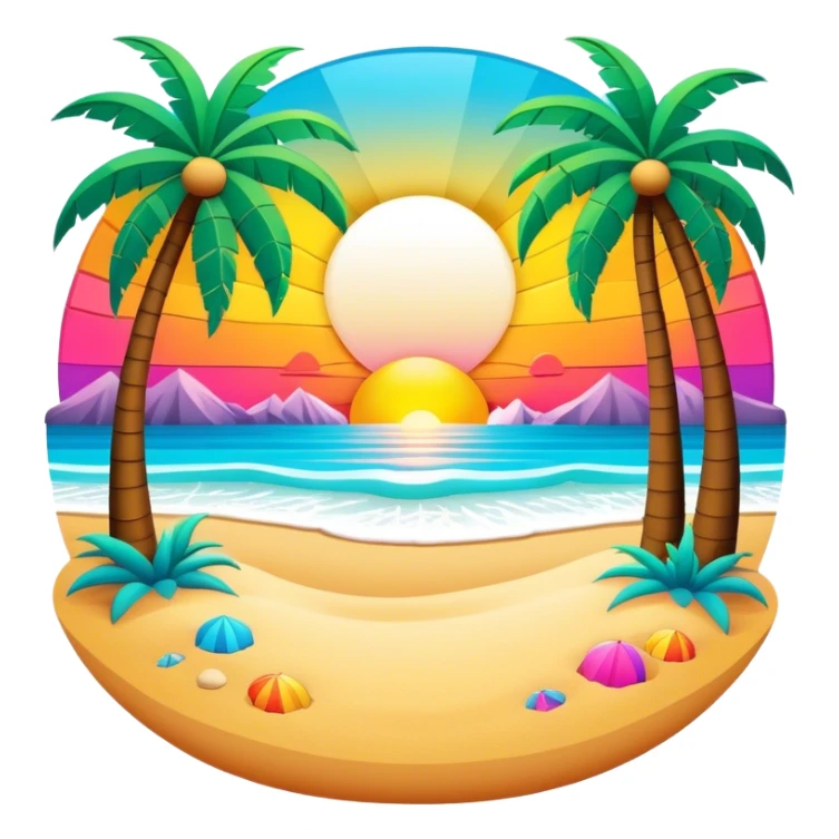 3D, psychedelic colored hippie style beach with setting sun and palm trees sticker