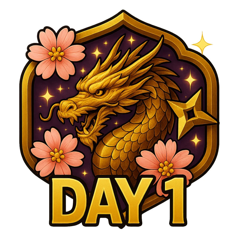 Keep the design looking as close as possible to the previous image with a rich purple background and Japanese crest shape. Include a realistic gold dragon with bright gold accents, sakura flowers, ninja star, and sparkly effects. Add the text 'DAY 1' in bold, easy-to-read anime-style font below the dragon. The image should have a transparent background and be sized for Twitch or Discord use. sticker