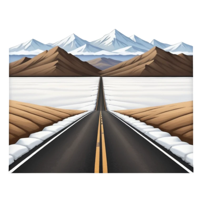 A long straight dirt road that disappears into the horizon half way up the screen from the perspective of someone sitting in the middle of the road looking down it. Flat snow fields on both sides of the road with huge looming mountains above the roads horizon line. sticker