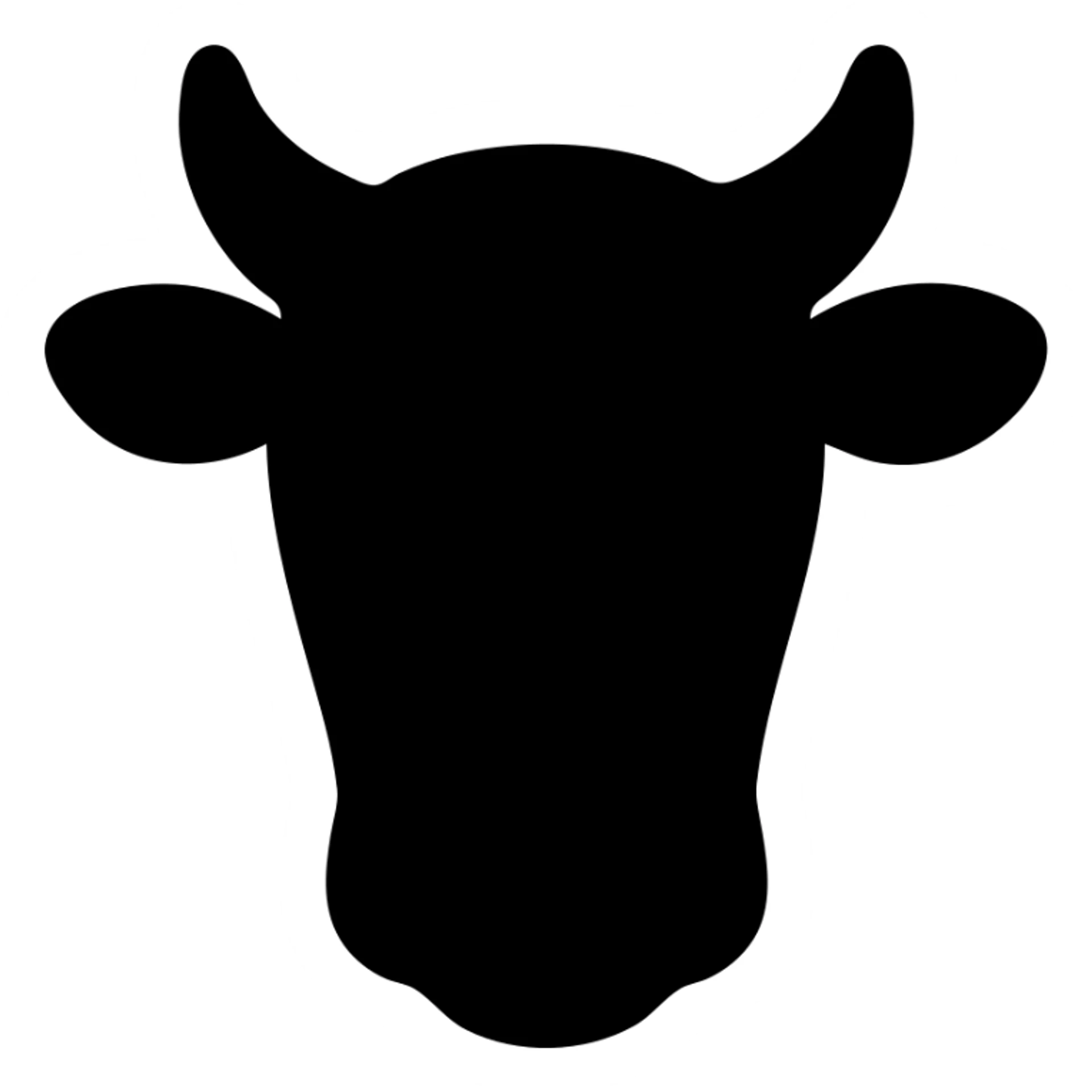 Show only the cow's head in a solid black icon style, filled silhouette, minimal details, bold and simple, no background. sticker