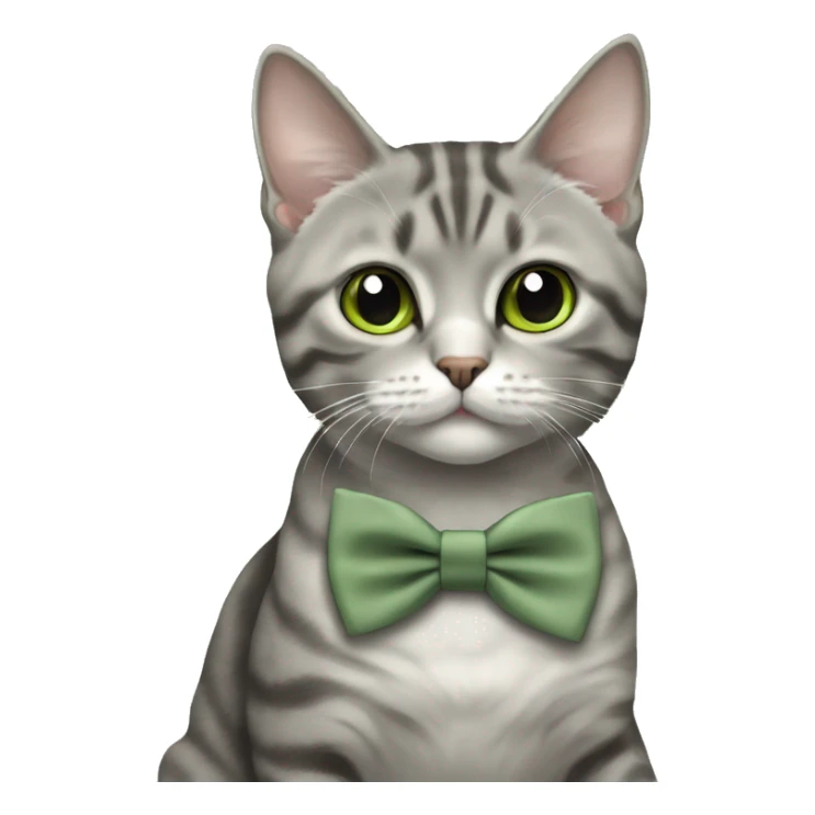 Aesthetic round-faced grey tabby British short hair full body cat with sage green bow tie sticker