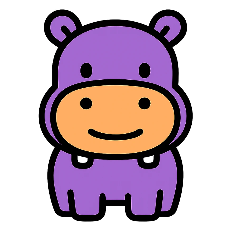 cute cartoon hippopotamus icon, rounded shapes, friendly expression, small ears, modern icon style sticker