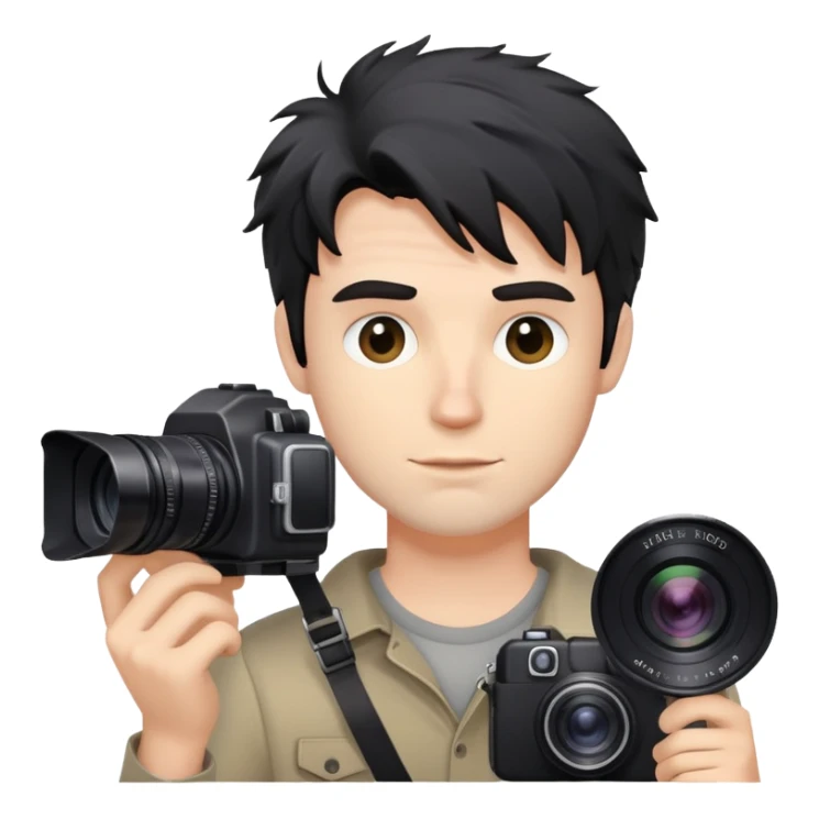 a white man with black messy hair holding a foto camera sticker