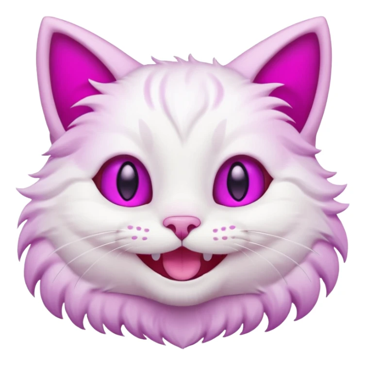 White cat smiling with teeth showing, pink inner ears, magenta purple eyes, looks like discord's Smiling Cat emoji sticker