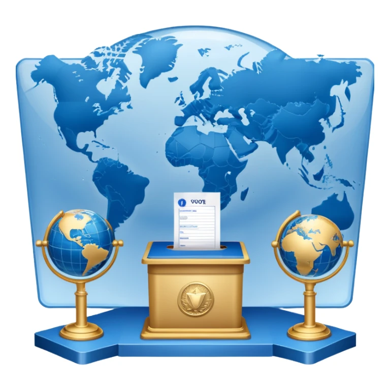 An icon featuring a podium with a speaker, a ballot box with a voting slip, and a globe, symbolizing political science. The design includes scales of justice and a world map in the background, representing governance and global politics. Transparent background highlights political analysis. sticker
