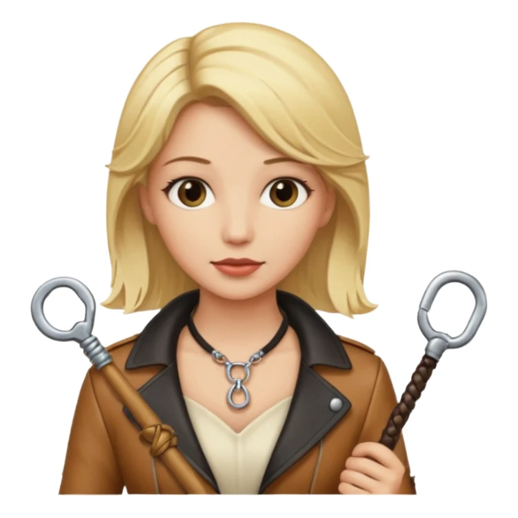 Dominatrix with blonde hair, key necklace, and a whip sticker