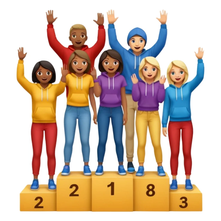 multi-racial group on a winners’ podium with middle step higher no numbers all in colorful jeans t-shirts and hoodies excited fun expressive emoji style sticker