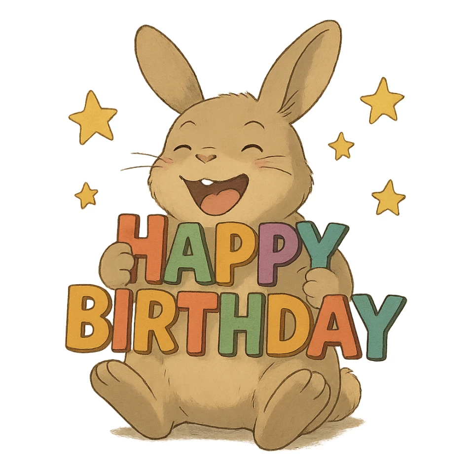 laughing bunny hugging 'Happy Birthday' letters with stars, full body, soft Ghibli style sticker