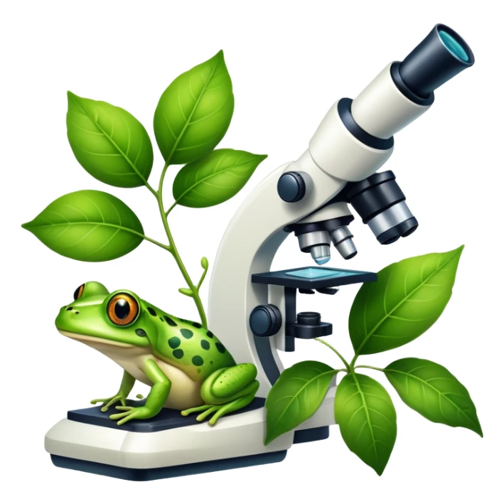 An icon featuring a DNA strand, a microscope, and a green leaf, symbolizing biology. The design includes animal cells, plant structures, and a frog, representing the study of living organisms and ecosystems. Transparent background highlights life sciences and biological research. sticker