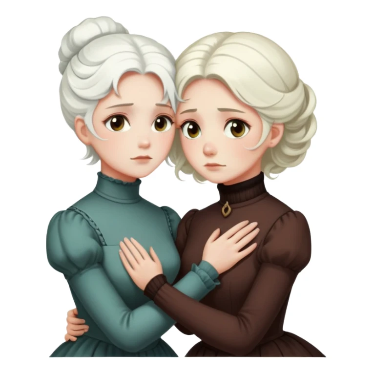 two Victorian women with light eyes, one with bright white coiffed hair and one with dark copper coiffed hair, wearing Victorian turtleneck dresses, embracing in a sad, intimate hug sticker