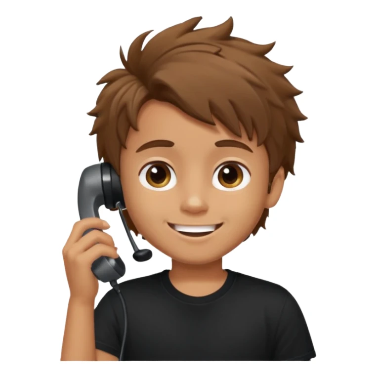 generate a pretty tan bratz boy with brown messy hair smiling while talking on call. Wearing a black tshirt sticker