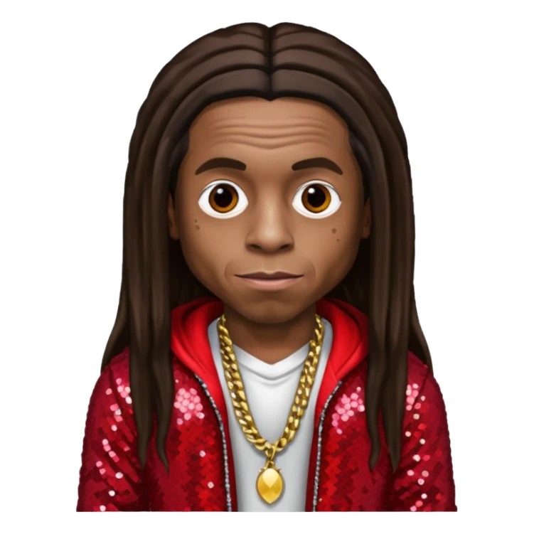 Lil Wayne with long dark brown hair, red sequin outfit sticker