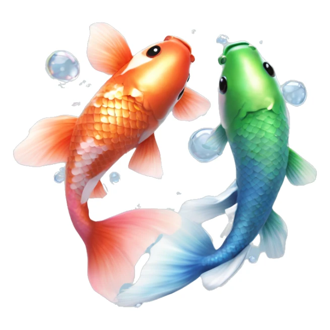  Two realistic koi fish, one green & blue, the other pink & white, swimming into each other, ying yang, Pisces fish, cloudy, water, dreamy, bubbles, iridescent sticker