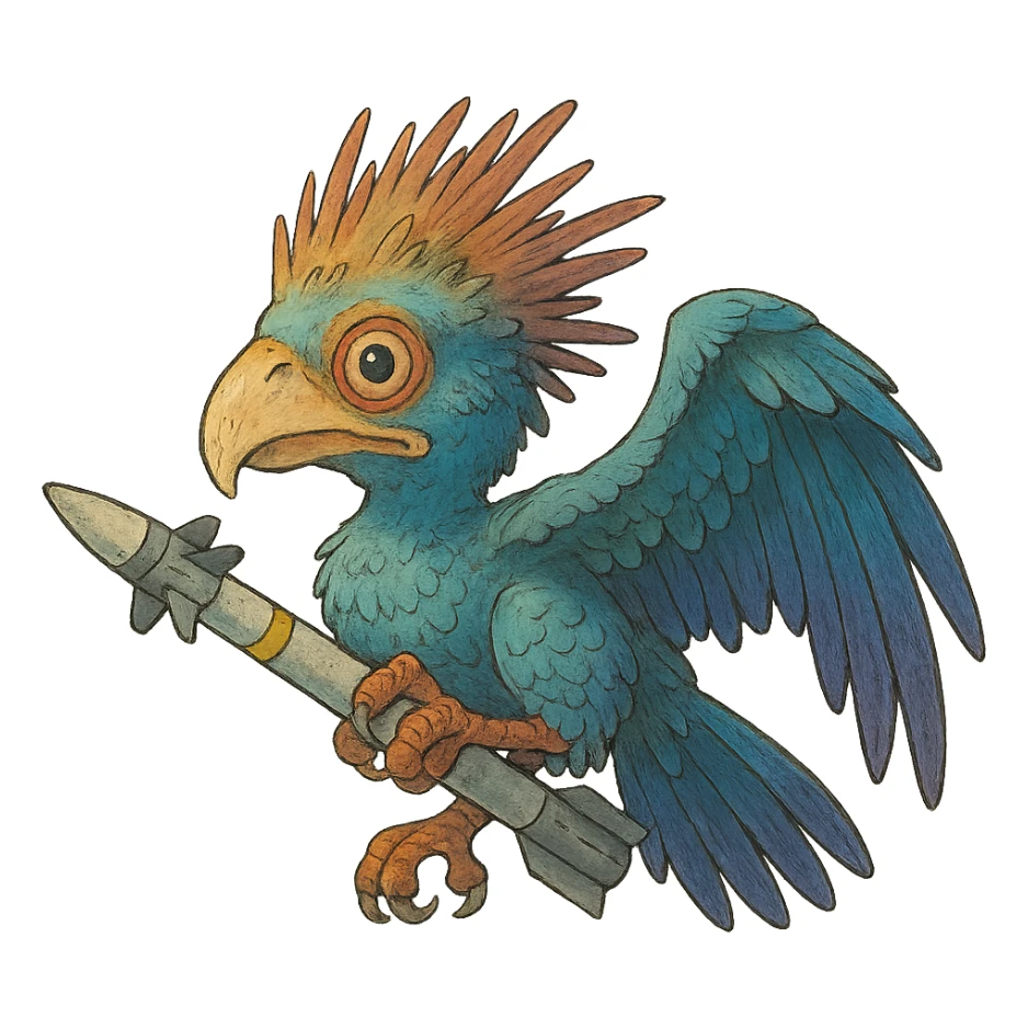 an insignia for a flag: a strange foreign alien bird creature, gripping a sidewinder missile in its' powerful claw
 sticker