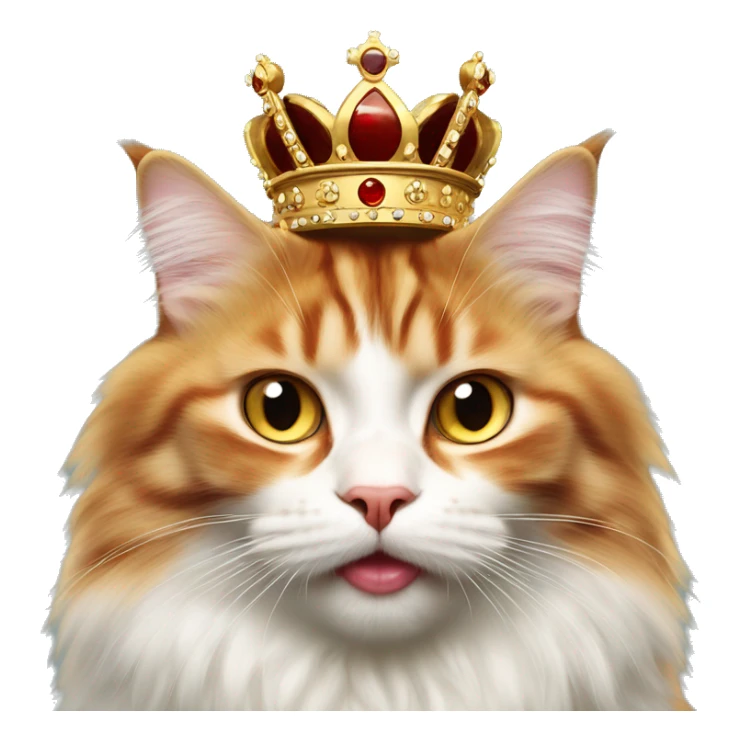 red and white Siberian cat with amber eyes in a crown shows tongue sticker