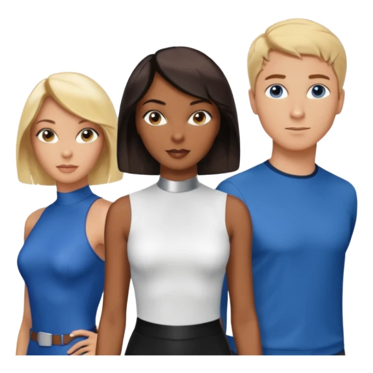 3 Friends standing side by side, charlie's angels style: 1 black woman with a short flat pressed bob, 1 hispanic man with a thin nose and long hair, and 1 white guy with blue eyes and a short brown-blonde haircut sticker