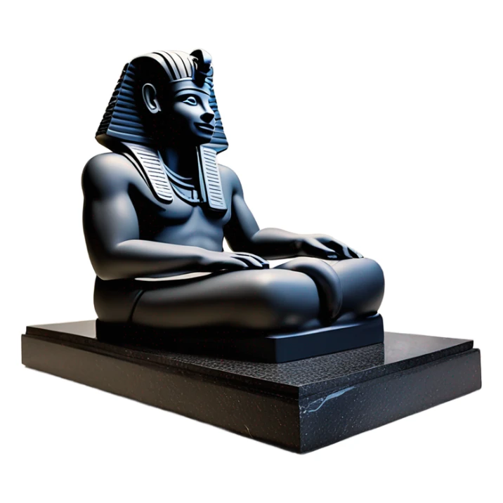Osiris depiction accurate obsidian statue on granite 30 ton brick, massive size, sunlight behind, sunset colors, reflections on black stone polished clean perfect, photography angles sticker