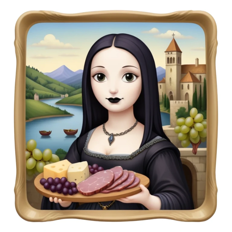  goth mona lisa with SPAM MEAT charcuterie and fruit tray renaissance landscape sticker